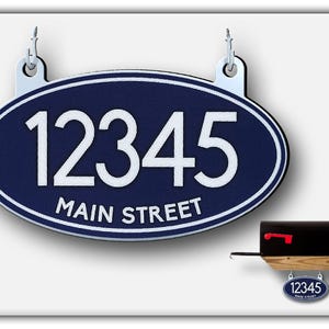 Curb-N-Sign Hanging House Mailbox Address Sign, Made in USA Oval shaped, Double Sided, Highly Reflective Mailbox Numbers (Navy Blue)