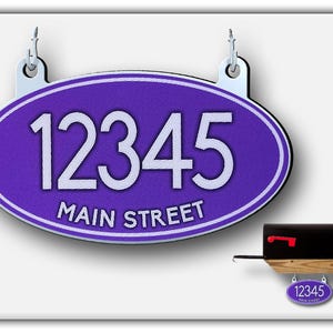 Hanging Mailbox Address Sign: Reflective Purple Oval, Made in USA