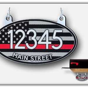 Reflective Oval House Number Sign: Thin Red Line, Aluminum Mailbox Address