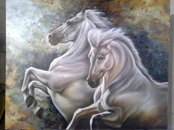 White Horses Wild Run Realism Oil Painting With A Beautiful Etsy