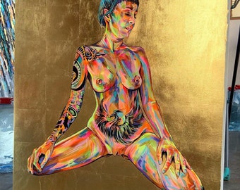 NUDE TATTOO FEMALE Spontaneous Realism Oil Painting on Canvas with Gold Leaf