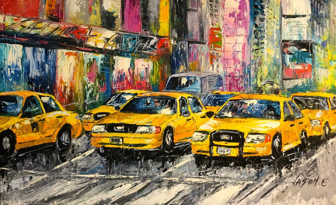 New York City Oil Painting Taxi Cabs NYC Rush Hour Traffic Oil Etsy
