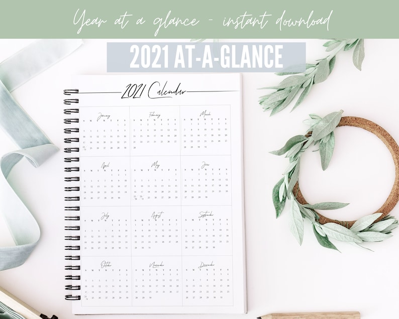 2021 Year at a Glance Calendar Year Printable Planner ...