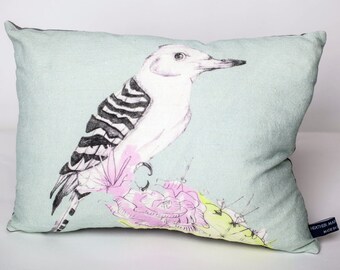 Bird Linen Cushion with Duck Feather Insert - 35cm x 25cm Small Throw Pillow - Fife Linen - Bird Lover - Throw Pillow - Bird Homeware