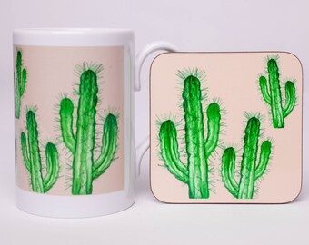 Cactus Mug and Coaster Set - Unusual Gifts - Quirky Gift -  Cactus Gift Ideas - Gifts for Him - Cactus Print - Quirky Mug - Gift Set