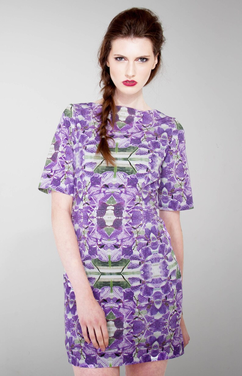 Purple Dress Printed Silk Dress Lily Kaleidoscopic Jersey Silk Dress Short Sleeved Dress Printed Dress Party Dress image 2