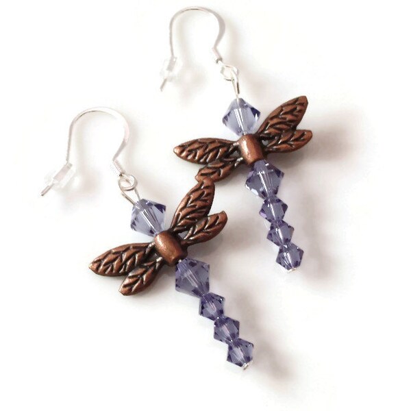 Dragonfly Earrings, Purple Beaded Earrings, Dangle Earrings, Swarovski Earrings, Dragonfly Jewelry, Gift Idea