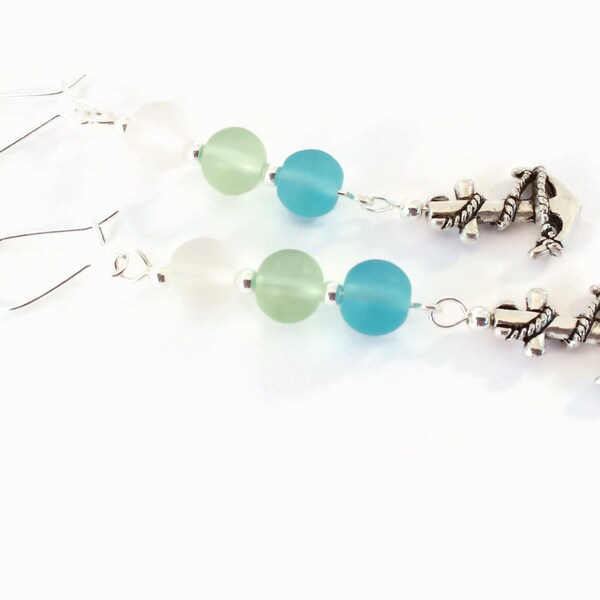 Blue Sea Glass Anchor Earrings, Silver Plated Anchor Charms, Sea Glass Beaded Dangle Earrings, Gift Idea