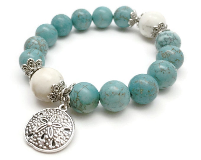 Sand Dollar Bracelet, Sand Dollar Charm Bracelet, Turquiose Howlite ...