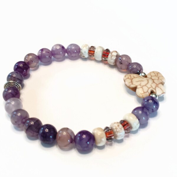 Butterfly Bracelet, Stone Bracelet, Purple Bracelet, Colorful Bracelet, Cute Bracelet, Stretch Bracelet, Butterfly Jewelry, Gift for Teen