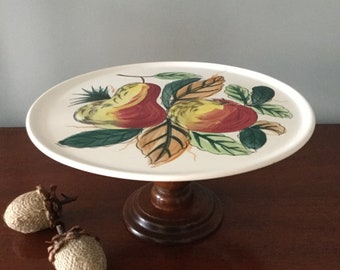 10 inch cake stand with Italian hand painted fruit design. Dessert stand with wood pedestal base. Centerpiece