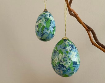 Egg ornament for Easter or Christmas tree - 2 sizes. Artisan crafted blue/green floral abstract mosaic design decoupaged egg tree decoration
