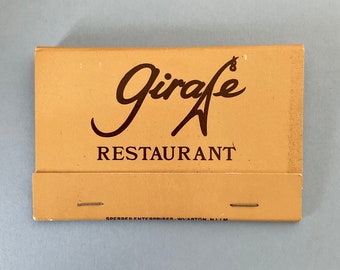 Vintage Matchbook, Girafe, Basking Ridge, New Jersey. Unused w/ all 20 giraffe printed matches. Collectible vintage restaurant matches