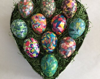 EGGstraordinary Easter eggs. Artisan made egg decor for bowl fillers or hanging. Abstract decoupage mosaic designs for Easter/holiday tree
