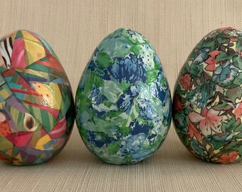 Large Easter 4 inch decoupage eggs in abstract mosaic florals. Large decorative Easter eggs for bowl fillers, holiday table decor