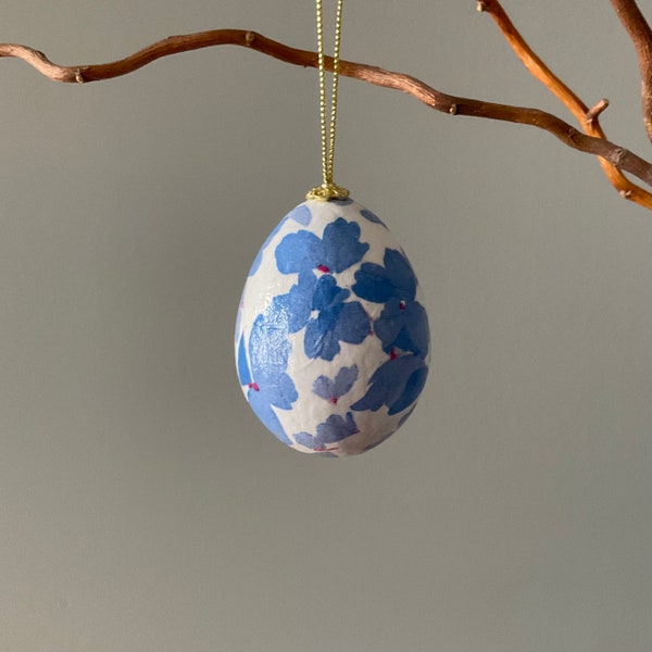 Egg ornament for Easter or Christmas tree. Blue floral design decoupaged egg ornament, holiday tree decoration.