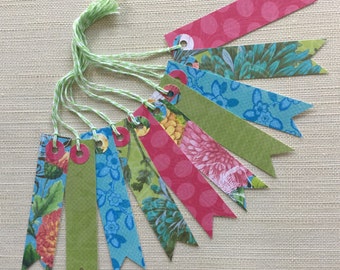 Floral gift tag set of 10 assorted wish tags, gift tags, favor tags. Bright spring florals and patterns in pennant style