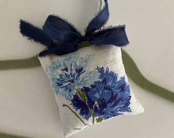 Vintage linen lavender sachet. Hanging or drawer, blue and white floral print, all natural lavender pillow. Get well, birthday gift.