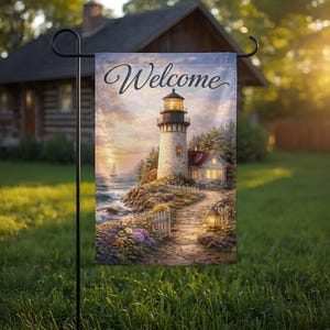 Lighthouse Garden Flag Welcome Coastal Decor Beach House Flag Ocean Sunset Nautical Yard Decor Cottage Outdoor Flag