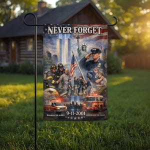 May include: A rectangular garden flag featuring the text NEVER FORGET and 9-11-2001. The design includes the Twin Towers, the Statue of Liberty, a saluting police officer, firefighters, an EMS worker, an American flag, an eagle, and emergency vehicles.