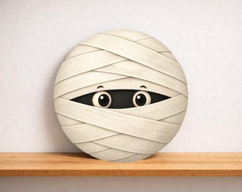 Cute Halloween Mummy Round Metal Sign, Spooky Door Hanger, Whimsical Wall Decor, Halloween Wreath Sign