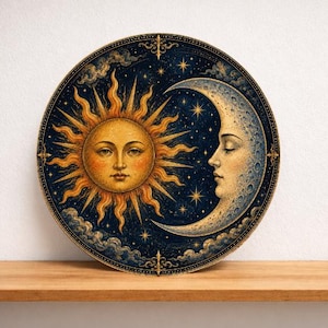Può includere: Un piatto decorativo circolare che presenta un'illustrazione dettagliata di un sole dorato con un volto umano e una luna crescente con un profilo umano. Lo sfondo è un cielo blu navy profondo pieno di stelle dorate e nuvole vorticose.