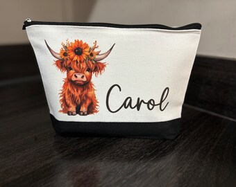 Make-up-Tasche Mit Highland-Kuh Motiv – Personalisierbar, Leinen, 23x18 Cm – Geschenk Für Kuh-Liebhaber