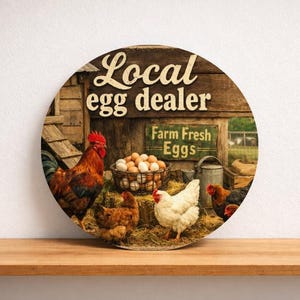 May include: Round wooden sign with a rustic farm scene. The sign reads "Local egg dealer" and "Farm Fresh Eggs." A rooster, hens, and a basket of eggs are depicted. The sign is on a wooden shelf.