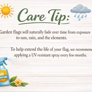 Pu&ograve; includere: Un grafico informativo con il testo Care Tip, che presenta un'icona del sole, una nuvola di pioggia e uno spruzzatore blu con l'etichetta UV Protectant. Il testo spiega che le bandiere da giardino sbiadiscono con il sole e la pioggia.
