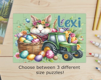 May include: A personalized Easter-themed puzzle featuring a bunny wearing a floral crown and a plaid scarf, a green tractor, and a basket of colorful Easter eggs. The name "Lexi" is displayed in blue. The puzzle is on a light green background.