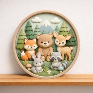 May include: A round, wooden framed wall art piece featuring a forest scene with a bear, fox, deer, raccoon, and rabbit. The animals are surrounded by trees, clouds, and a mountain. The color palette includes shades of brown, green, and beige.