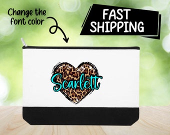 Leopard cosmetic bag, Personalized makeup bag, Leopard heart wristlet, Cheetah print gift, Toiletry bag, Cheetah print makeup, birthday gift