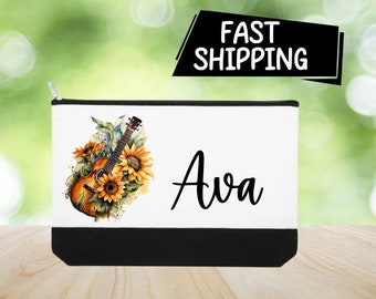 Floral guitar cosmetic bag, Personalized makeup bag, Guitar wristlet, Music gift, Toiletry bag, Sunflower makeup, birthday, phone bag