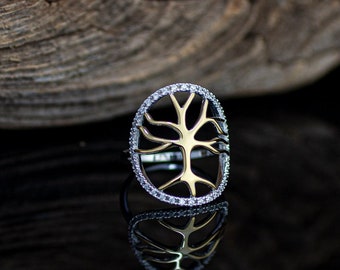 Sterling Silver Tree of Life Ring Tree-of-Life Ring with Cz 2 Tones, Tree of Life Jewelry 2 Toned, Sacred Tree, Arbol de la Vida