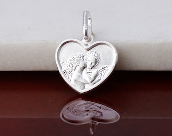 Sterling Silver Kissing Angel Heart Charm, Cherub Angels Charm, Angel Jewelry, Heart Angels Pendant