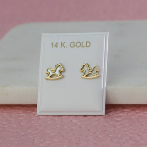 14K Gold Rocking Horse Stud Earrings, Horse Stud Earrings, 14K Gold Stud Rocking Horse Earrings with Mother of Pearl and Screw Back