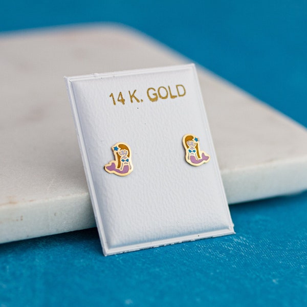 14k Mermaid Stud Earrings, 14K Mermaid Enamel Earrings, Gold Mermaid Earrings, 14k Baby Stud, Girl's Jewelry, Stud Earrings