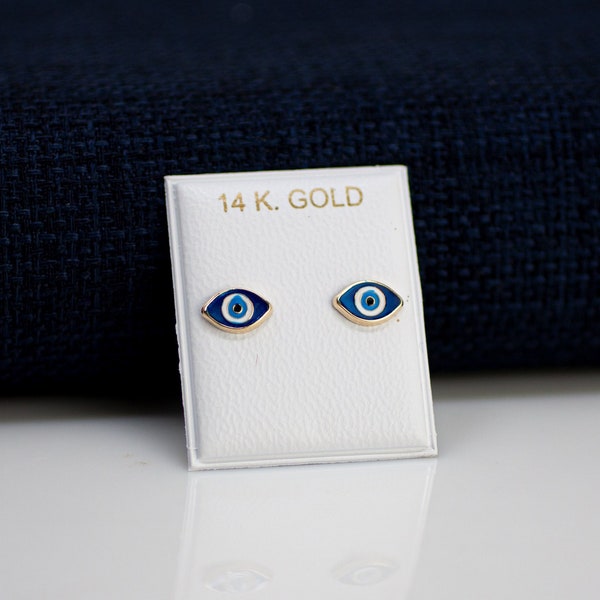 14K Gold Evil Eye Stud Earrings, 14k Gold Good Luck Stud Earrings, 14K Evil Eye Stud Earrings, Enamel Eye