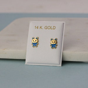 14k Blue Bunny Earrings, 14K Rabbit Enamel Earrings, Gold Animal Earrings