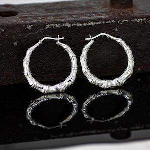 アクセサリー Sterling Silver Bamboo Pierced Earrings Solid 925 Sterling Silver Bamboo Shrimp HOOP Earrings 25 Mm