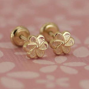 14k Gold Flower Stud Earrings, 14k Girl Stud Earring, Flower Stud Earrings, 14K  Gold Screw Back Earrings, Baby Earrings, Girl Stud