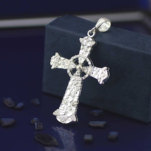 Silver Large Nugget Cross Necklace, Sterling Silver Cross Necklace, Crucifix Cross Pendant, Large Cross Necklace, Mens Jewelry, Men Necklace