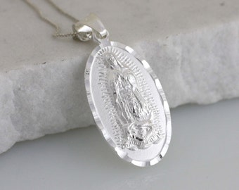 Sterling Silver Our Lady of Guadalupe Medal, Our Lady Guadalupe Necklace, Virgin Guadalupe Pendant, Virgin Mary "Ave Maria - Hail Mary"