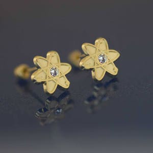 14K Gold Atom Stud Earrings, Gold Atom Stud Earrings with Cz, 14K Gold Atomic Stud Earrings with Screw Back, Science Symbol Earrings