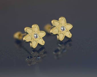 14K Gold Atom Stud Earrings, Gold Atom Stud Earrings with Cz, 14K Gold Atomic Stud Earrings with Screw Back, Science Symbol Earrings