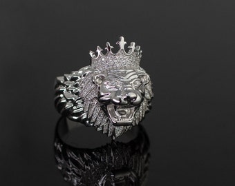 Silver Lion Ring, Men Lion Ring, Sterling Silver Lion Head Ring, Lion Face Ring, Solid Lion Men Ring,  Men Ring, Animal Jewelry, rhodium
