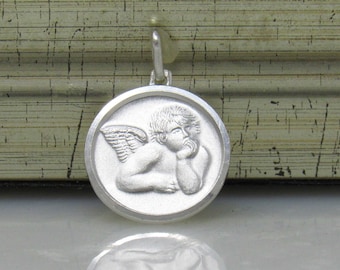 Sterlingzilveren engelenmedaille, sterlingzilveren medaille, Raphael Angel-medaille, hangende engel, religiosa-medaille, hangende cherubijnen, engelensieraden