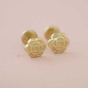 Diamond Cut Flower 14k Gold Stud Earrings, 14k Stud Earring, Rose Stud Earrings, Rose Flower Screw Back Earrings, Baby Earrings, Girl Stud