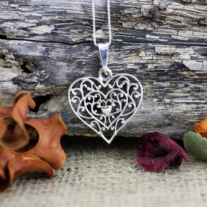 Silver Filigree Heart Necklace, Double Heart Filigree Necklace, Sterling Silver Heart Pendant, Sterling Silver Love Necklace
