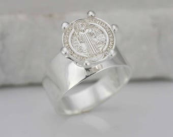 Sterling Silver Saint Benedict Ring, Sterling Silver 925 St. Benedict Ring, Silver San Benito, Catholic Ring, St. Benedict Ring Old Silver